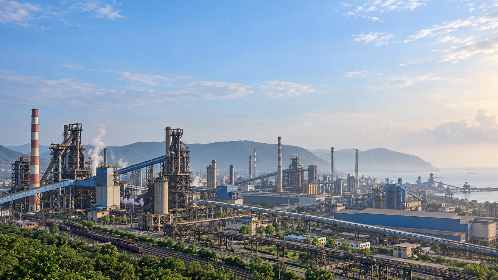 Aerial view of an integrated steel plant at sunrise
